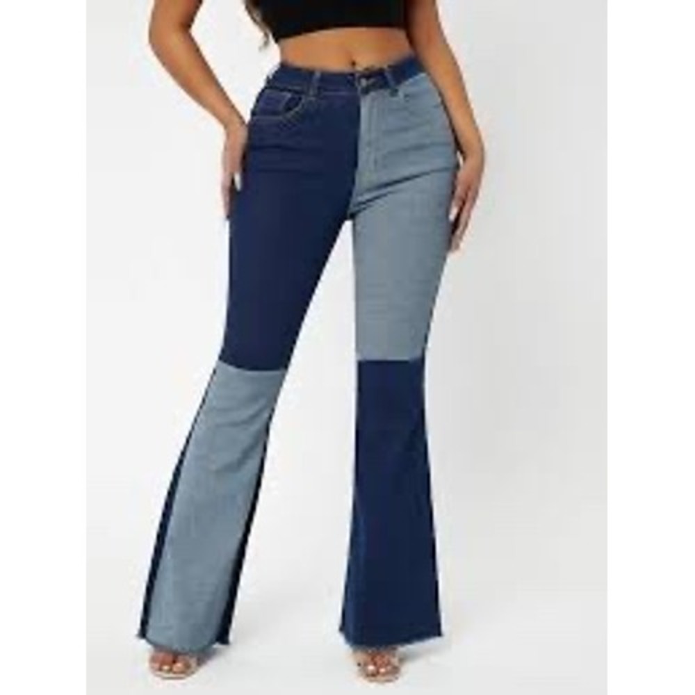 Mega Jeans Womens Two Tone Patchwork Flare Jeans Blue High Waist Size 11 NEW